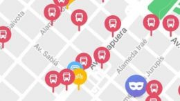 imagem de mapa do aplicativo com icones de onibus, metro, bicicleta e carnaval