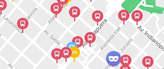 imagem de mapa do aplicativo com icones de onibus, metro, bicicleta e carnaval