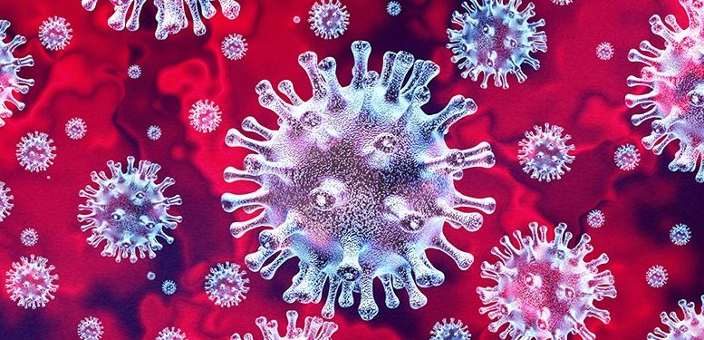 imagem de um coronavirus ampliado, em branco com fundo vermelho.