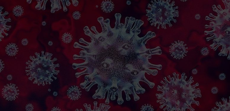 imagem do virus da Covid-19 escura, em tons de vermelho e cinza