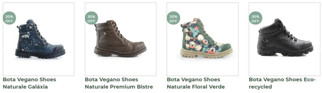 imagem da vitrine do site da Vegano Shoes com 4 botas em estampas diferentes.
