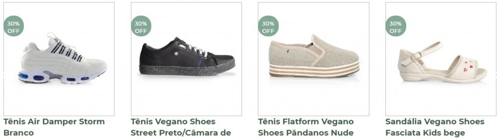 imagem de vitrine de calçados no site da vegano shoes, mostra três tenis e uma sandália infantil