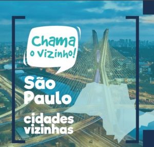imagem do Intagram com a logo do Chama o Vizinho sobre a ponte estaiada. e um mapa de São Paulo