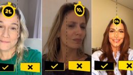 imagem de três telas de celular, mostrando Fernanda Gentil, Luisa Mel e Ivete Sangalo participando do desafio dos 40s.
