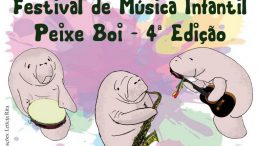 desenho de três peixes bois tocando instrumentos e a inscrição Festival de Musica Infantil