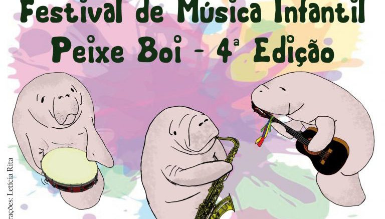 desenho de três peixes bois tocando instrumentos e a inscrição Festival de Musica Infantil