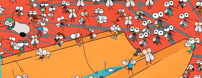 desenho de muitos mosquitos da dengue estilizados de forma divertida.