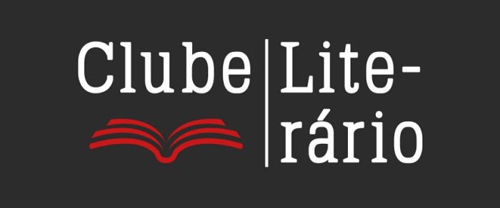 logo do Clube Literário, o clube de leitura do SESI, em fundo preto as palavras em branco e um livro estilizado em vermelho