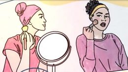 desenho de duas mulheres se maquiando, como promoção do curso que promove a autoestima de pacientes oncologicos.