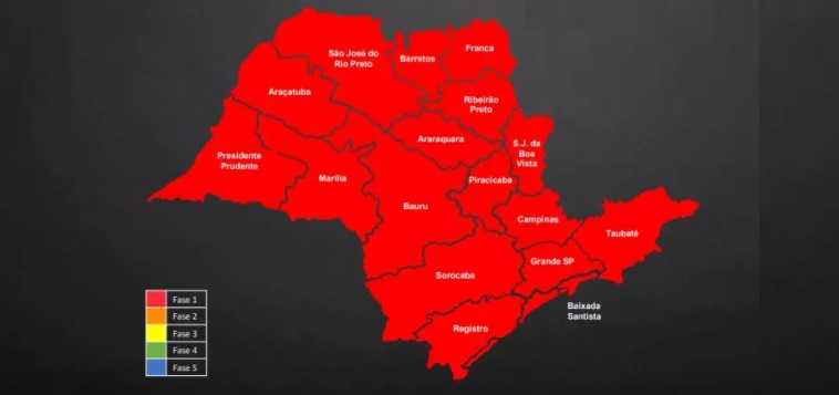 mapa do estado de São Paulo na Fase Vermelha