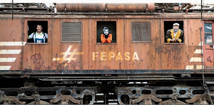 imagem de um carro de trem da FEPASA, nas janelas três personagesns sao vistos.