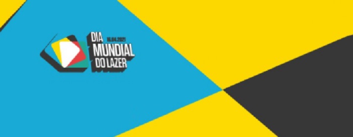 logomarca do dia mundial do lazer, em um fundo azul e detalhes em amarelo