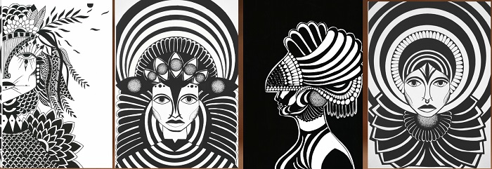 quatro desenhos da mostra avatares em exposição no metrô