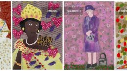 desenhos de quatro das rainhas que foram homenageadas em exposição no metro. da esquerda para direita Rainha Mãe, Nijinga, Elizabeth II e Cleópatra