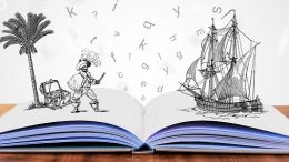 desenho de um livro aberto e letras e personagens saindo de dentro dele. h[a um navio antigo, à vela, e um guereiro, entre outros elementos.