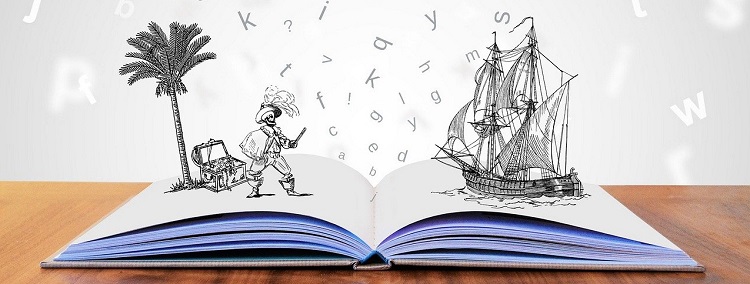 desenho de um livro aberto e letras e personagens saindo de dentro dele. h[a um navio antigo, à vela, e um guereiro, entre outros elementos.