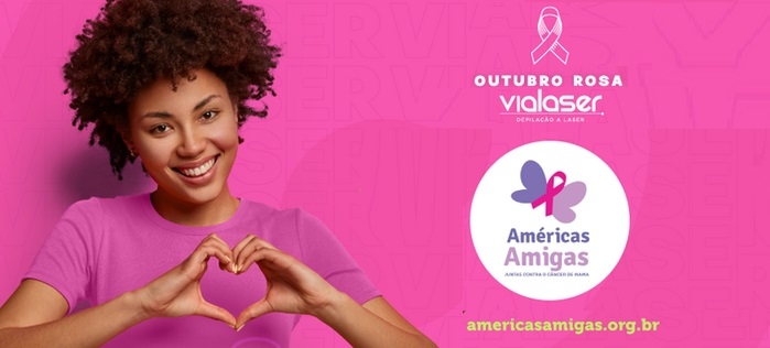 imagem de uma moça fazendo um simbolo de coração com as mãos na altura do seio, ao lado as palavras outubro rosa, vialaser e americas amigas