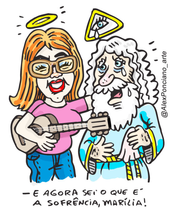 desenho da cantora márilia mendonça como um anjo cantando ao lado da figura representativa de Deus