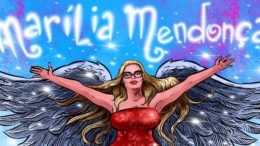 desenho da canotra Marilia Mendonça de braço abertos, com asas, no céu, atrás dela, escrito (com nuvens) seu nome