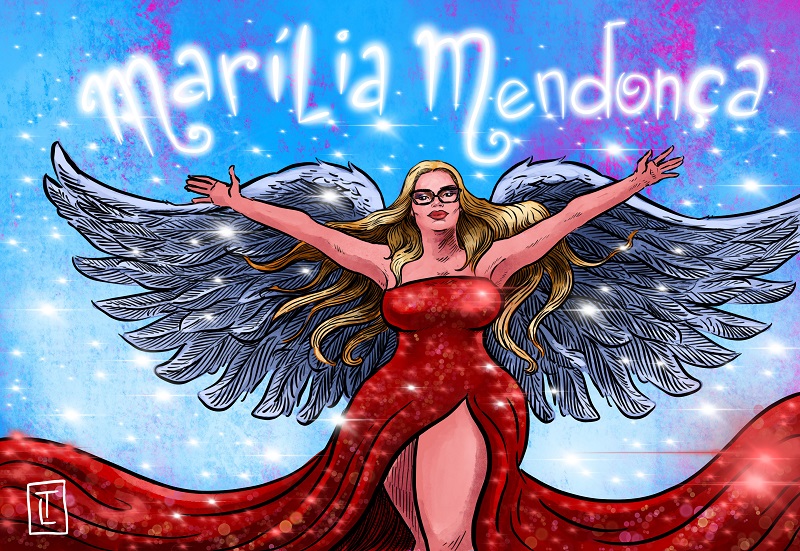 desenho da canotra Marilia Mendonça de braço abertos, com asas, no céu, atrás dela, escrito (com nuvens) seu nome
