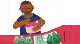 Uma das ilistrações do livro: desenho de um rapaz mexendo uma panela que carrega e à sua frente folhas de três tipo de verdura. O rapaz é negro de cabelos curtos e veste uma camiseta azul. a bancada com as folhas é avermelhada, a panela em tons de rosa e o fundo branco.