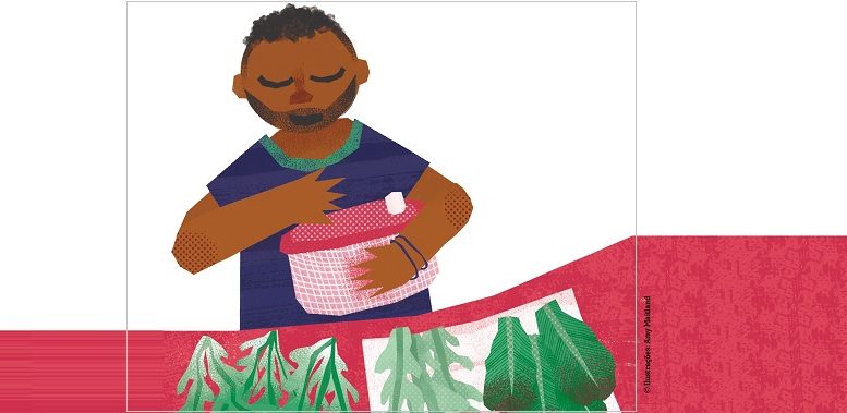 Uma das ilistrações do livro: desenho de um rapaz mexendo uma panela que carrega e à sua frente folhas de três tipo de verdura. O rapaz é negro de cabelos curtos e veste uma camiseta azul. a bancada com as folhas é avermelhada, a panela em tons de rosa e o fundo branco.