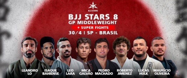 Banner do evento BJJ Stars 8, com a imagem dos atletas que participam do GP de pesos médios