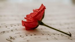 imagem de uma partitura com uma rosa vermelha em cima dela.