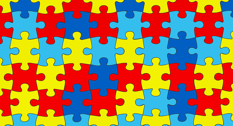 imagem de um quebra cabeças com as cores azul em dois tons, vermelho e amarelo