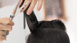 imagem das mãos de um cabelereiro cortando um cabelo feminino