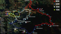 Mapa geográfico dos percursos da prova La Mision 2022 com sinalizações em 4 cores para os diferentes percursos.