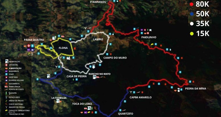 Mapa geográfico dos percursos da prova La Mision 2022 com sinalizações em 4 cores para os diferentes percursos.