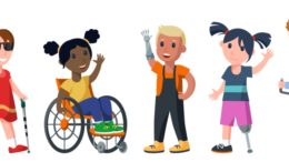desenho de 5 crianças com tipos diferentes de deficiência física