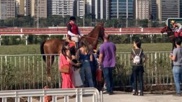 Imagem de algumas pessoas do publico converando com um jockey montado a cavalo após uma corrida