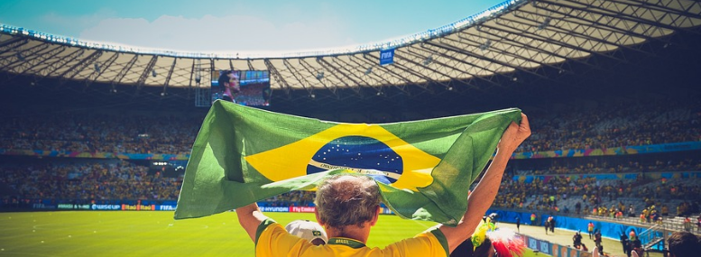 homem de costas segurando uma bandeira do brasil erguida com as duas mãos em estádio de futebol, com céu azul