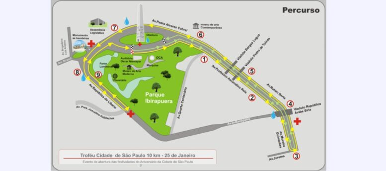 mapa do percurso do Trofeu Cidade de São Paulo, no entorno do parque do Ibiraapuera