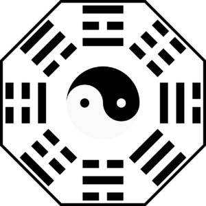 Baguá simples em preto e branco. um octógono com um simbolo de yin e yang no centro e trigramas em cada face.
