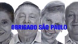 frame de um dos filmes da campanha, são 4 fotos tipo 3x4 em preto e branco, atuais dos protagonistas da campanha e um lettering com os dizeres Obrigado São Paulo