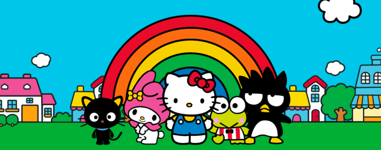 desenho da hello kitty e seus amigos sob um arco iris