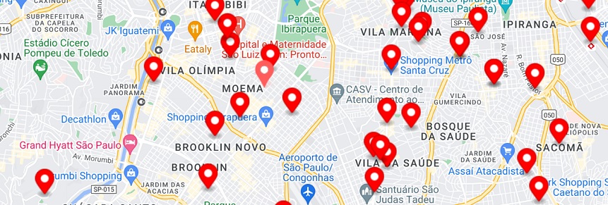 imagem de um mapa da regiao de moema com diversos pontos vermelhos marcados, em que esto os locais de coleta de tampinhas