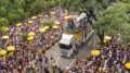 imagem do desfile do galo da madrugada em SP em 2020 - imagem aéra que mostra as parvores do ibirapuera, um trio elétrico e muitos foliões em volta