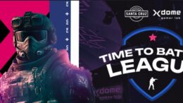 banner do campeonato do jogo eletrônico CS-GO com uma figura de partipante com roupa cammuflada, capecete e oxigênio e a logo com os dizeresm Time to Battle League. Além da logo dos organizadores e patrocinador