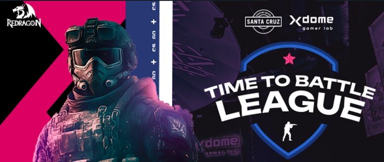 banner do campeonato do jogo eletrônico CS-GO com uma figura de partipante com roupa cammuflada, capecete e oxigênio e a logo com os dizeresm Time to Battle League. Além da logo dos organizadores e patrocinador