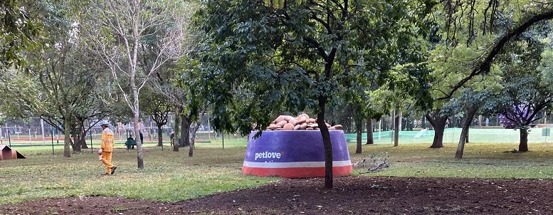 imagem do cachorrodromo do ibirapuera com um pote gigante de comida (fake) da petlove no gramado