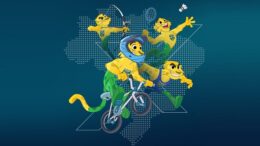 desenho pontilhado domapa do brasil e sobre ele quatro tigres fazendo esporte (bike, tiro com arco, badmington e corrida