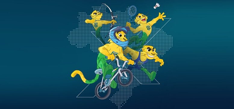 desenho pontilhado domapa do brasil e sobre ele quatro tigres fazendo esporte (bike, tiro com arco, badmington e corrida