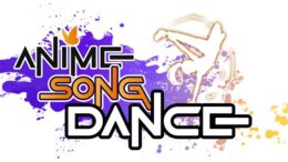 logomarca do anime song dance. com as palavras escritas com uma letra sem muitas curvas e a figura de uma pessoa de cabelo comprido desenhada em branco de cabeça para baixo