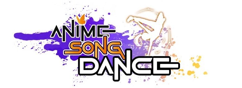 logomarca do anime song dance. com as palavras escritas com uma letra sem muitas curvas e a figura de uma pessoa de cabelo comprido desenhada em branco de cabeça para baixo