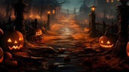 imagem de halloween com uma alameda escura com aboboras iluminadas nas laterais.