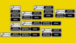 em fundo amarelo, diversas indicações que existem hoje nos rótulos dos alimentos